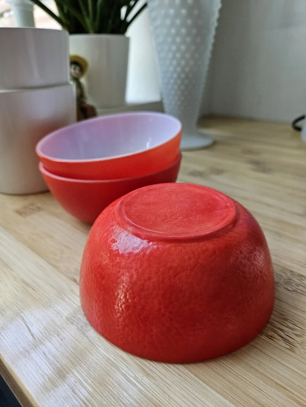 Hazel Atlas MCM Milk Glass Orange Peel Texture Red 4.8 in Cereal Bowl Set of 3